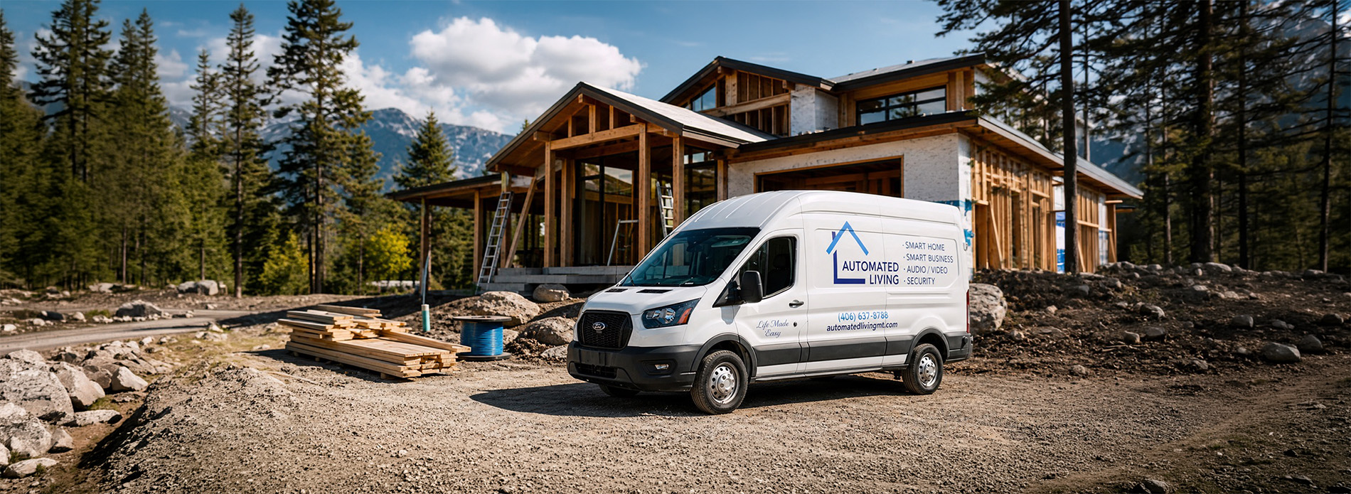 An Automated Living service van parked at a mountain‑area construction site, with framing, materials, and cabling visible around the home, illustrating on‑site smart‑home planning and installation in Western Montana.