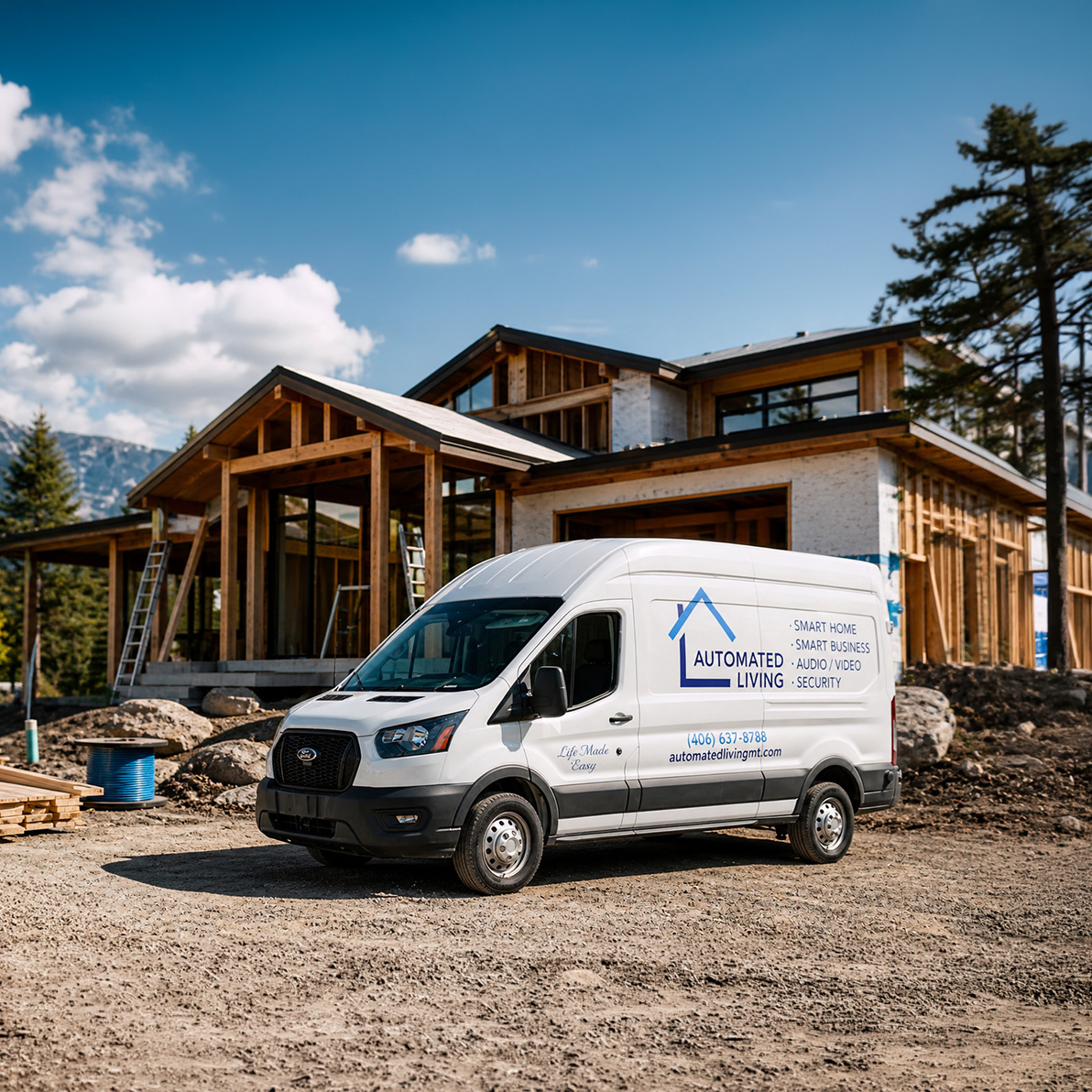 An Automated Living service van parked at a mountain‑area construction site, with framing, materials, and cabling visible around the home, illustrating on‑site smart‑home planning and installation in Western Montana.
