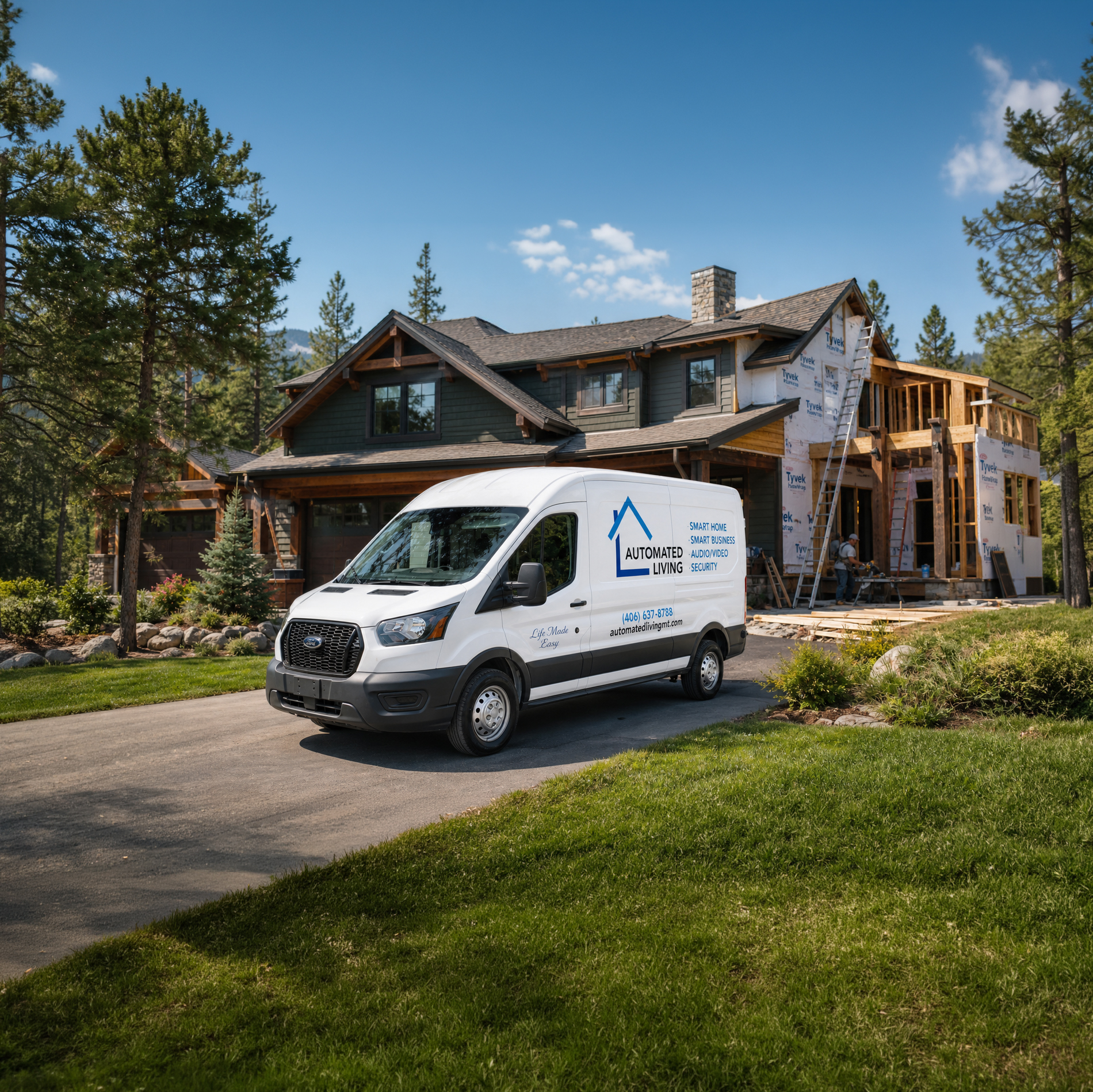 A white Automated Living service van parked in front of a partially finished home with wood siding and Tyvek wrap, surrounded by pine trees and construction materials, illustrating smart‑home installation support during new builds.
