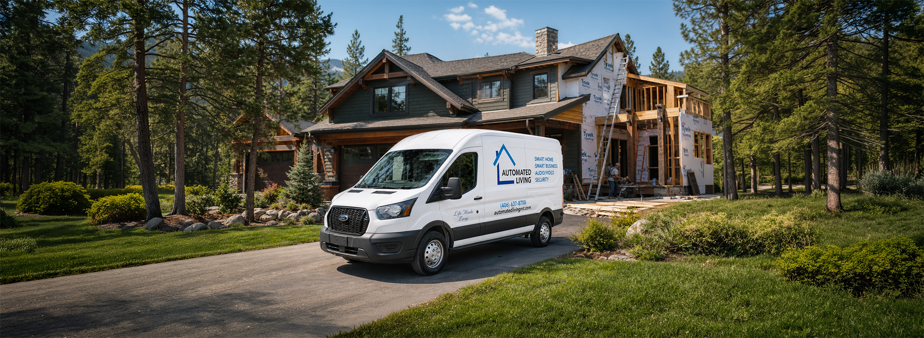 A white Automated Living service van parked in front of a partially finished home with wood siding and Tyvek wrap, surrounded by pine trees and construction materials, illustrating smart‑home installation support during new builds.