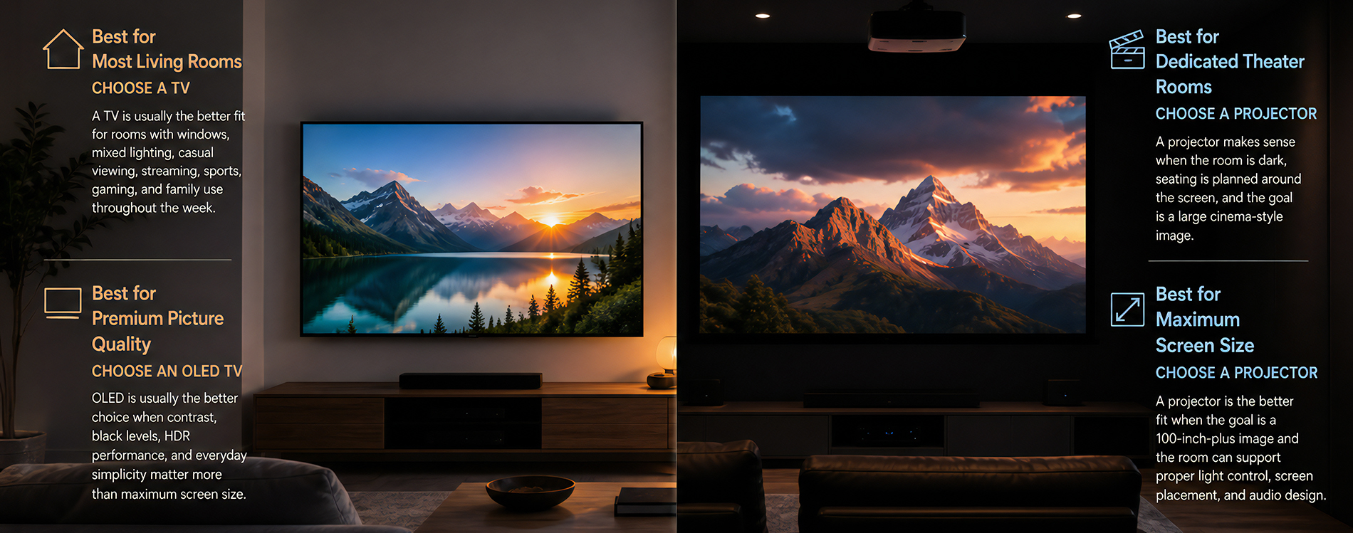 Side‑by‑side comparison graphic showing when to choose a TV versus a projector, with examples of living‑room use cases on the left and dedicated home‑theater use cases on the right.