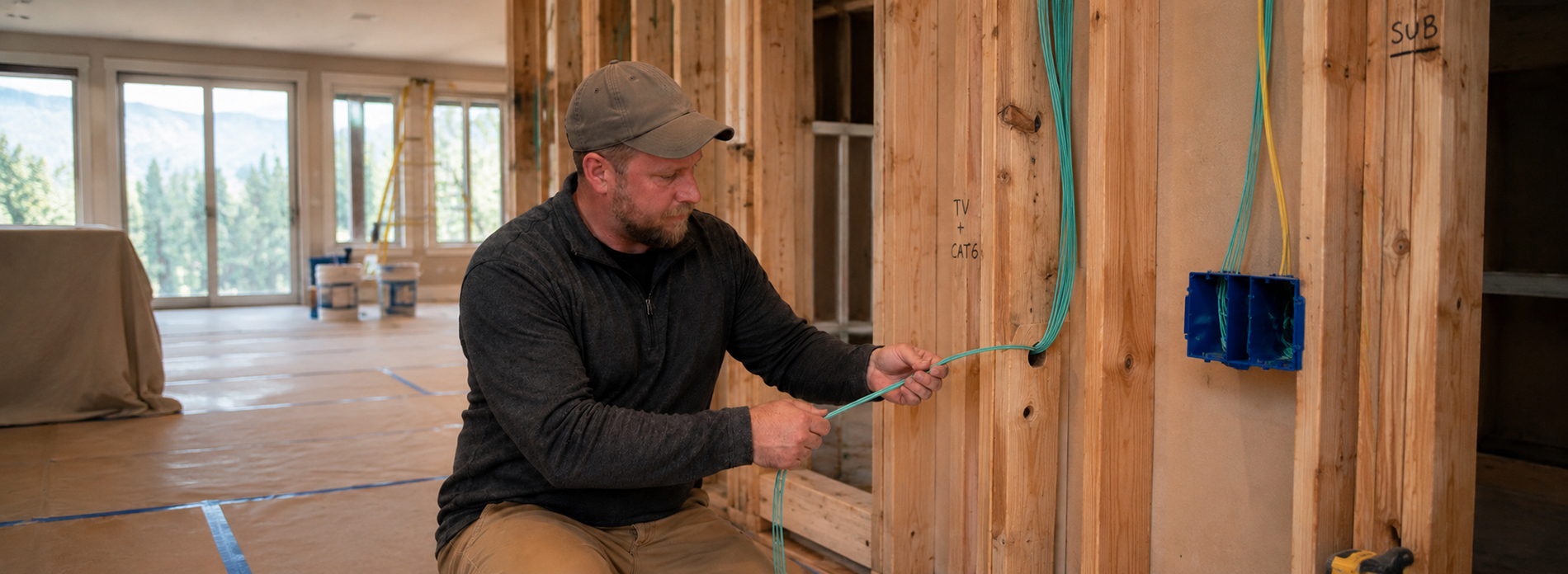 A technician installing green CAT6 cables through exposed wall framing in a home under construction, with labeled junction boxes and mountain views in the background, illustrating smart‑home wiring integration during the build phase.