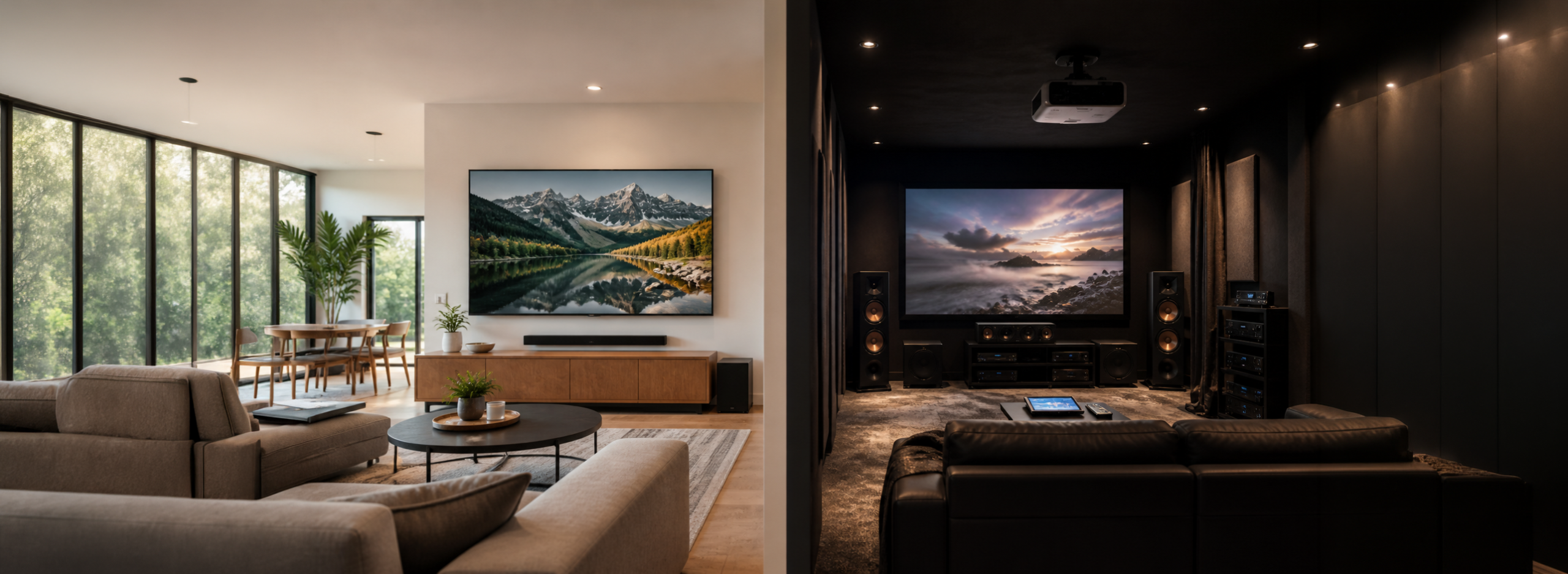 Split image showing a bright living room with a wall‑mounted TV on the left and a dark home‑theater room with a large projector screen on the right, highlighting how each space suits different display types.