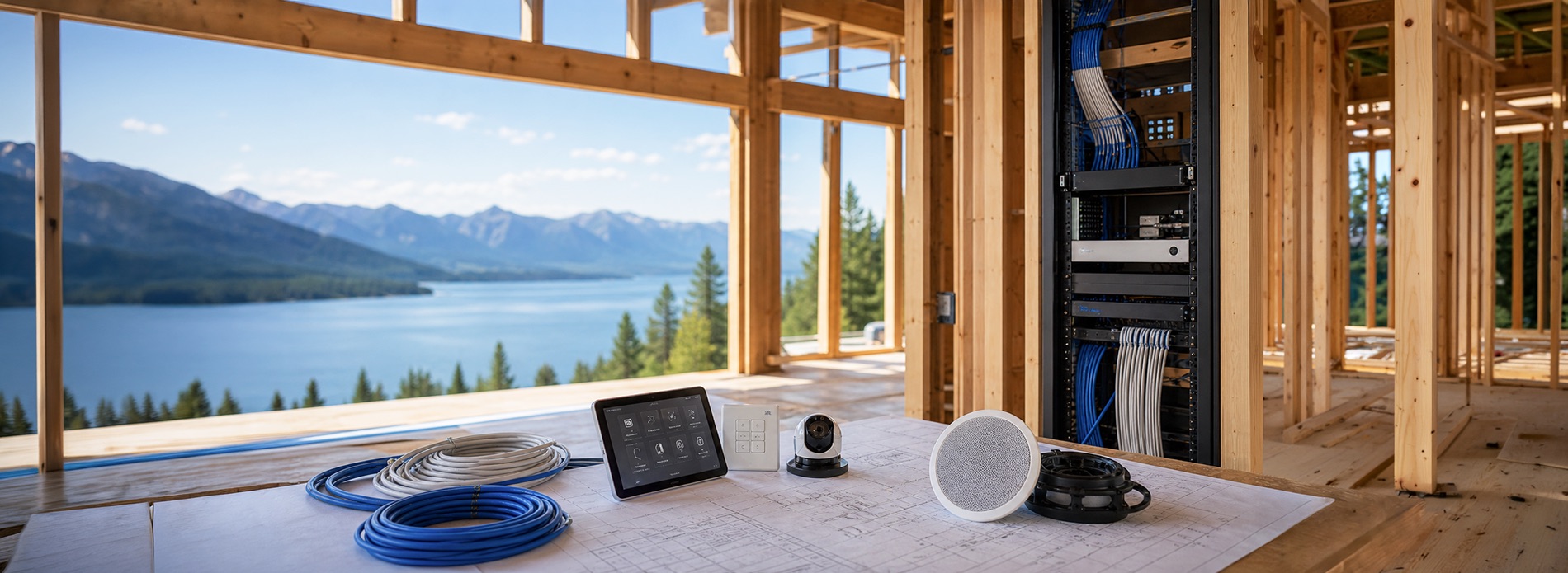 A new‑construction interior with exposed framing overlooking a lake and mountains, featuring a worktable with smart‑home components, cabling, blueprints, a control tablet, and a nearby equipment rack with organized low‑voltage wiring.