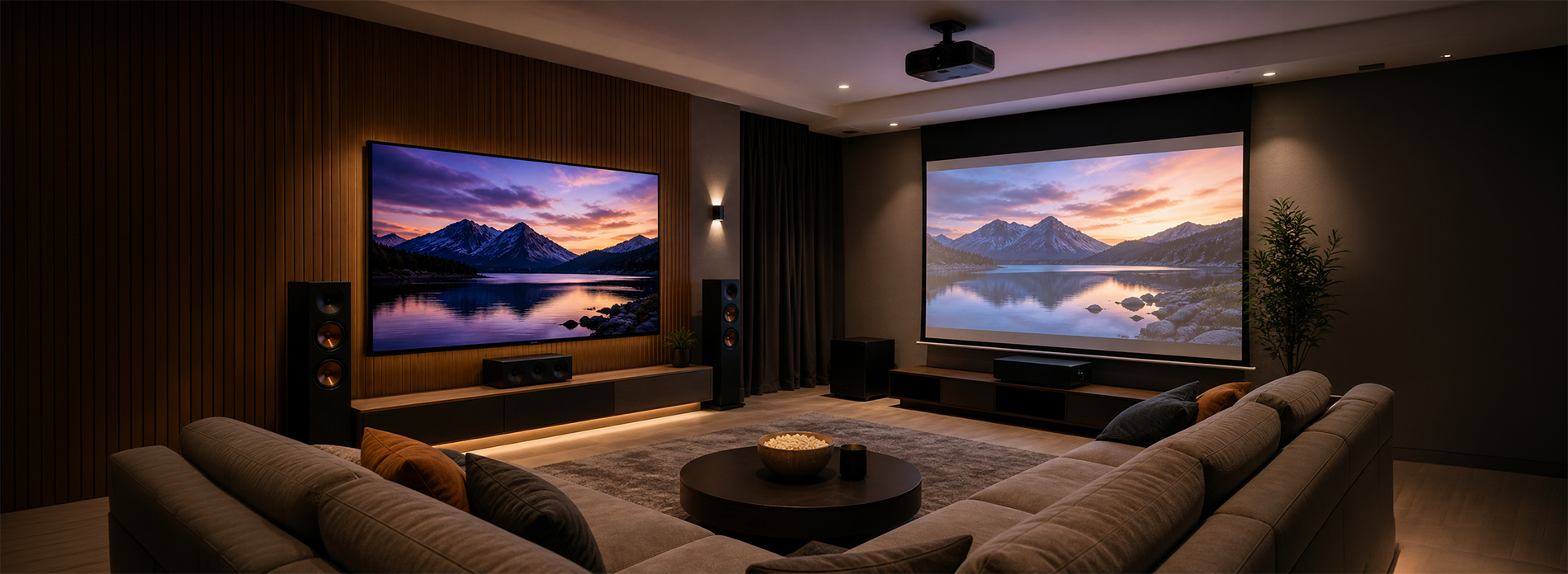 Modern home theater with a sectional sofa facing both a wall‑mounted TV and a projector screen displaying the same landscape image, illustrating visual differences between the two display types.