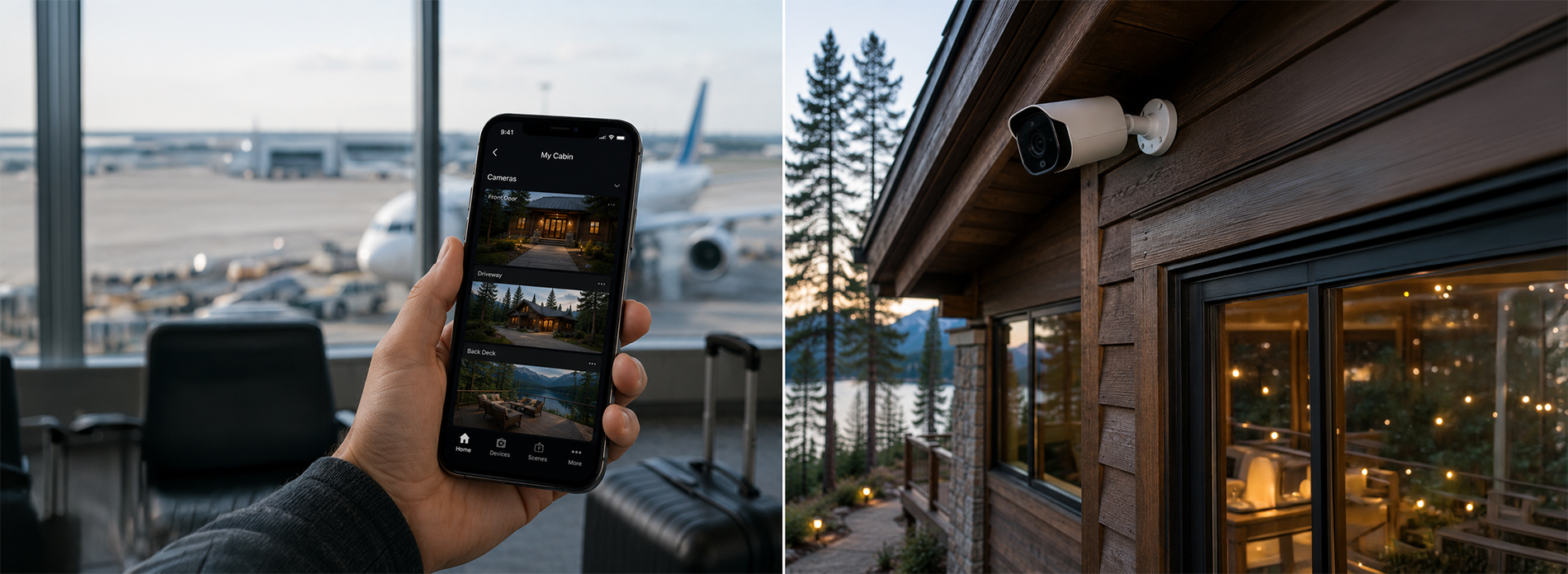 A person at an airport holds a smartphone showing live camera feeds labeled My Cabin, with views of the front door, driveway, and back deck, alongside a second image of a security camera mounted on a wooden cabin overlooking a lake and pine trees, illustrating remote smart-home monitoring for Western Montana properties.