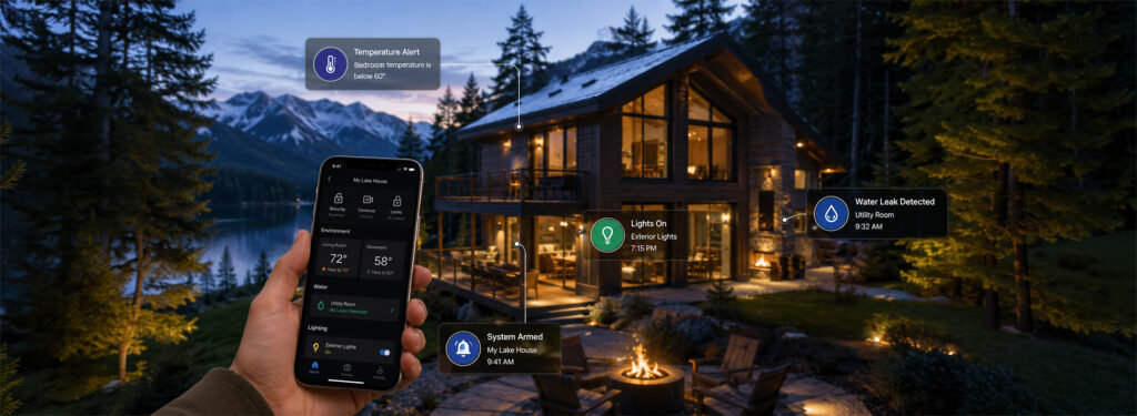 A hand holds a smartphone displaying a smart‑home app interface labeled “My Lake House,” showing temperature, lighting, and security alerts for a modern mountain cabin at dusk, surrounded by pine trees and snow‑capped peaks, illustrating remote monitoring and automation.