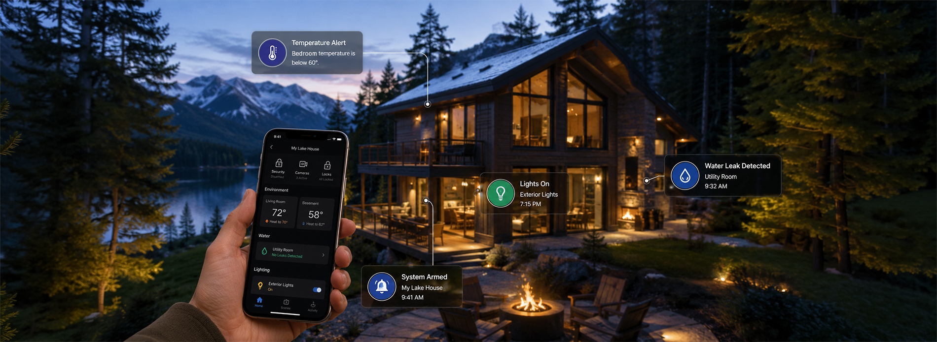 A hand holds a smartphone displaying a smart‑home app interface labeled “My Lake House,” showing temperature, lighting, and security alerts for a modern mountain cabin at dusk, surrounded by pine trees and snow‑capped peaks, illustrating remote monitoring and automation.