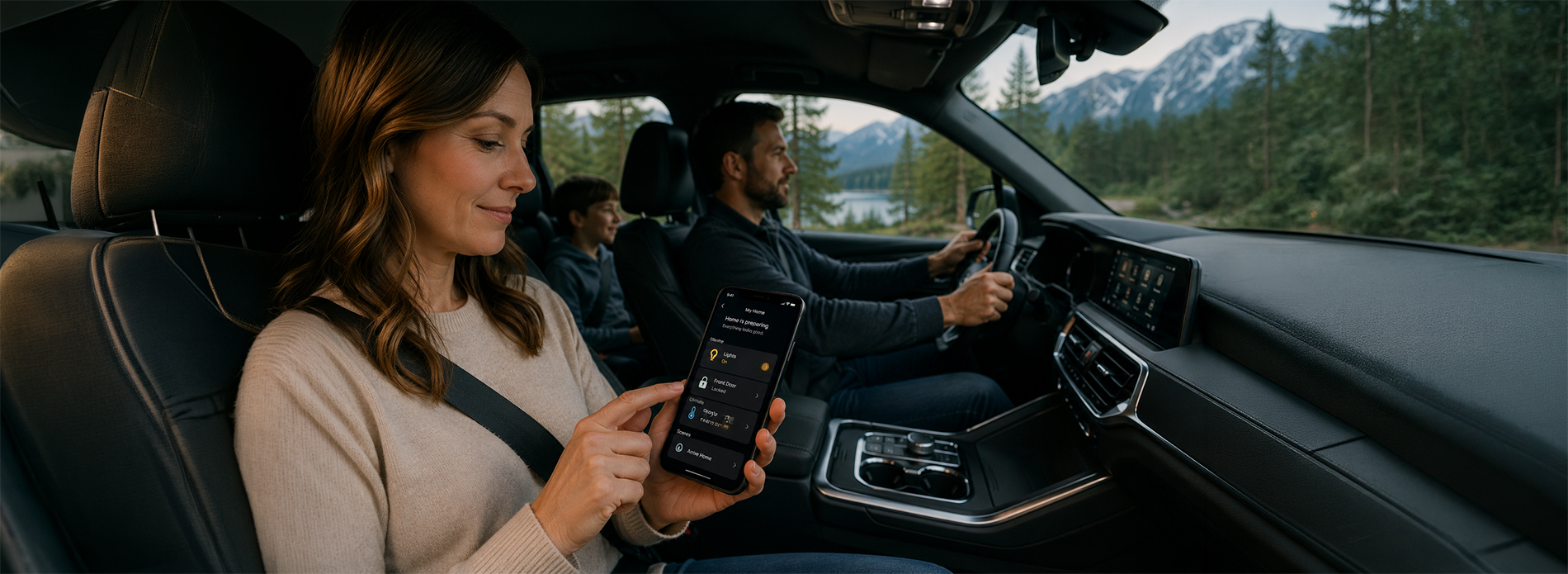 A woman seated in the front passenger seat of a modern SUV uses a smartphone displaying a smart‑home app showing lights, locks, and temperature controls while traveling through a mountain landscape with her family, illustrating remote monitoring and home automation convenience for Western Montana homeowners.