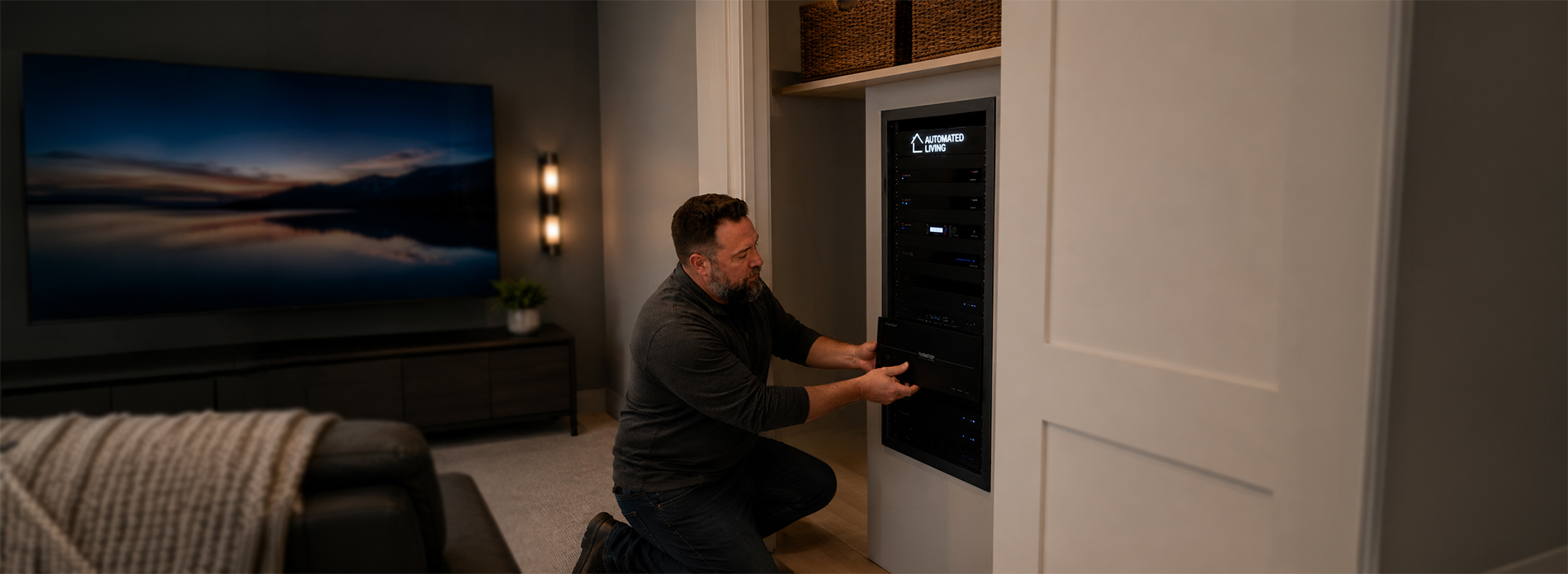 A technician installing components in a built‑in equipment rack labeled “Automated Living,” showing amplifiers and network devices integrated into a modern home automation system.