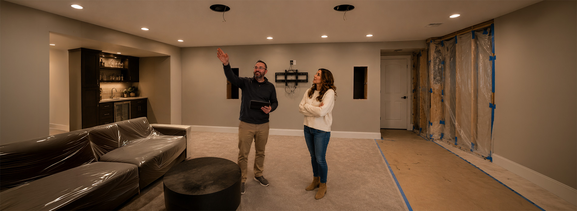 A technician and homeowner discussing recessed lighting placement in a partially finished living space with mountain views, illustrating smart‑home integration during remodel planning.