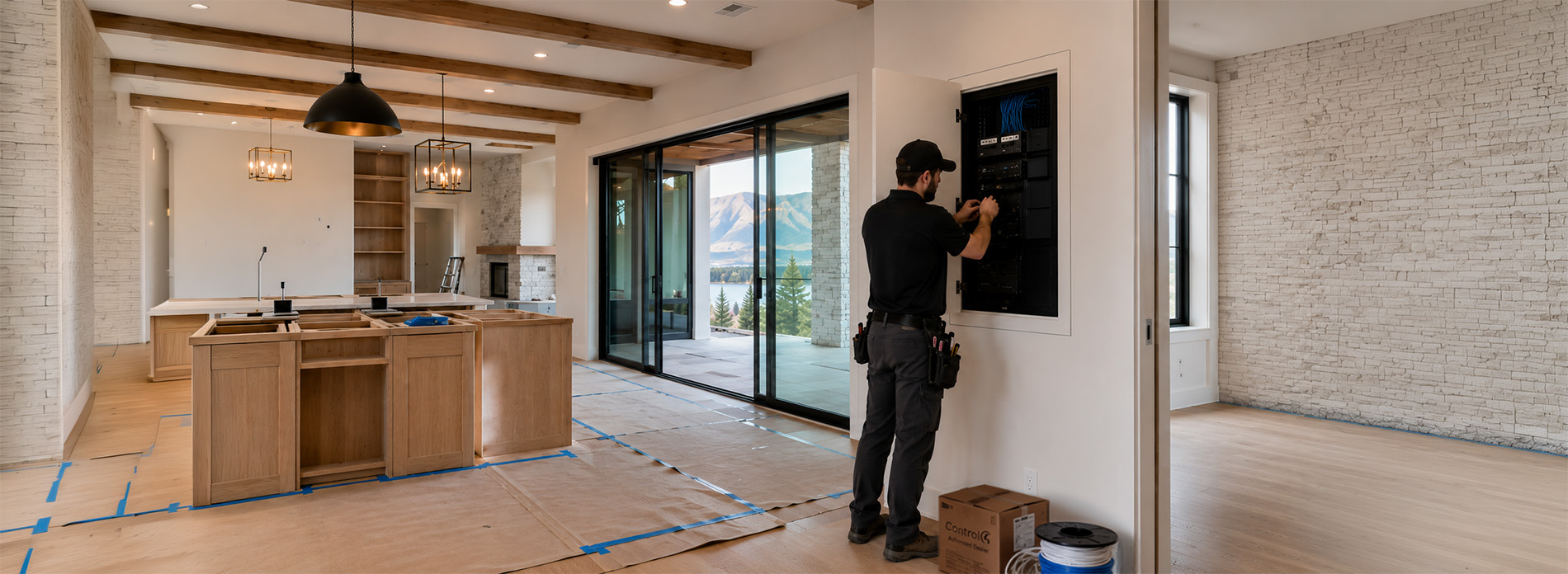 A technician installs Control4 smart‑home wiring and network components in a modern home under construction, featuring unfinished cabinetry, exposed beams, and large windows overlooking mountain views.