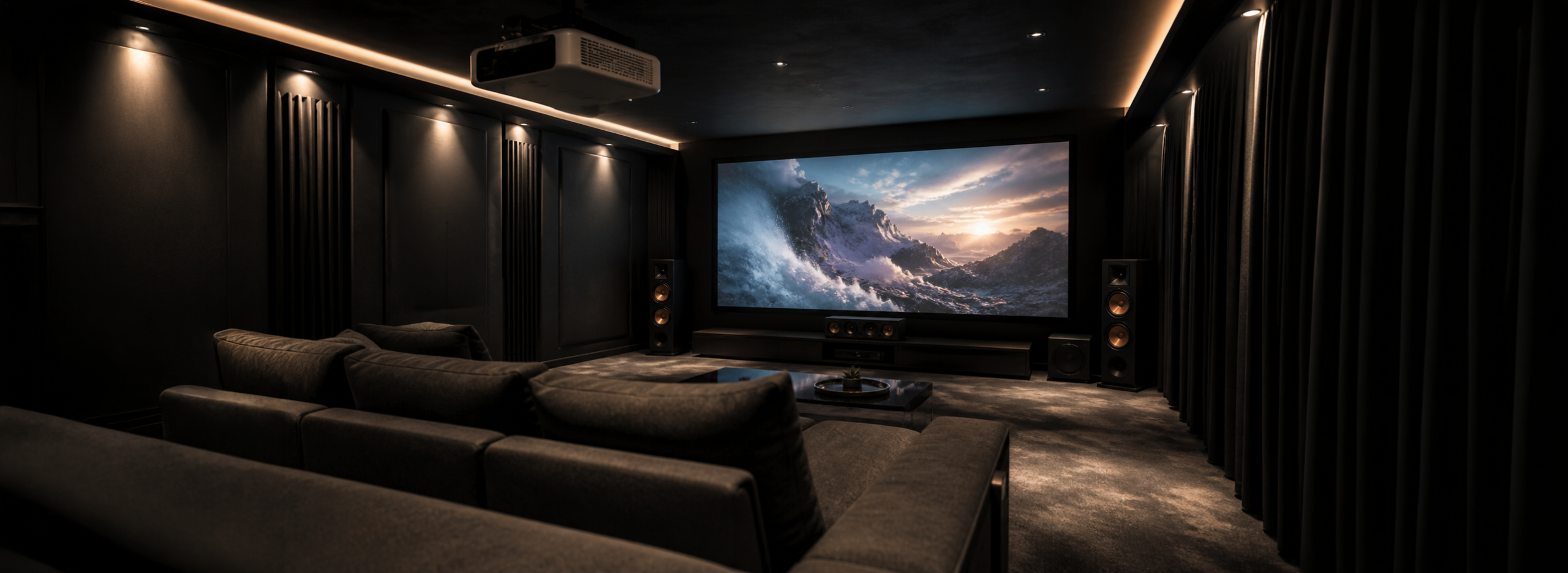 Dark, cinema‑style home theater featuring a ceiling‑mounted projector, a large projection screen showing an ocean sunset, multiple speakers, and tiered seating for an immersive viewing experience.
