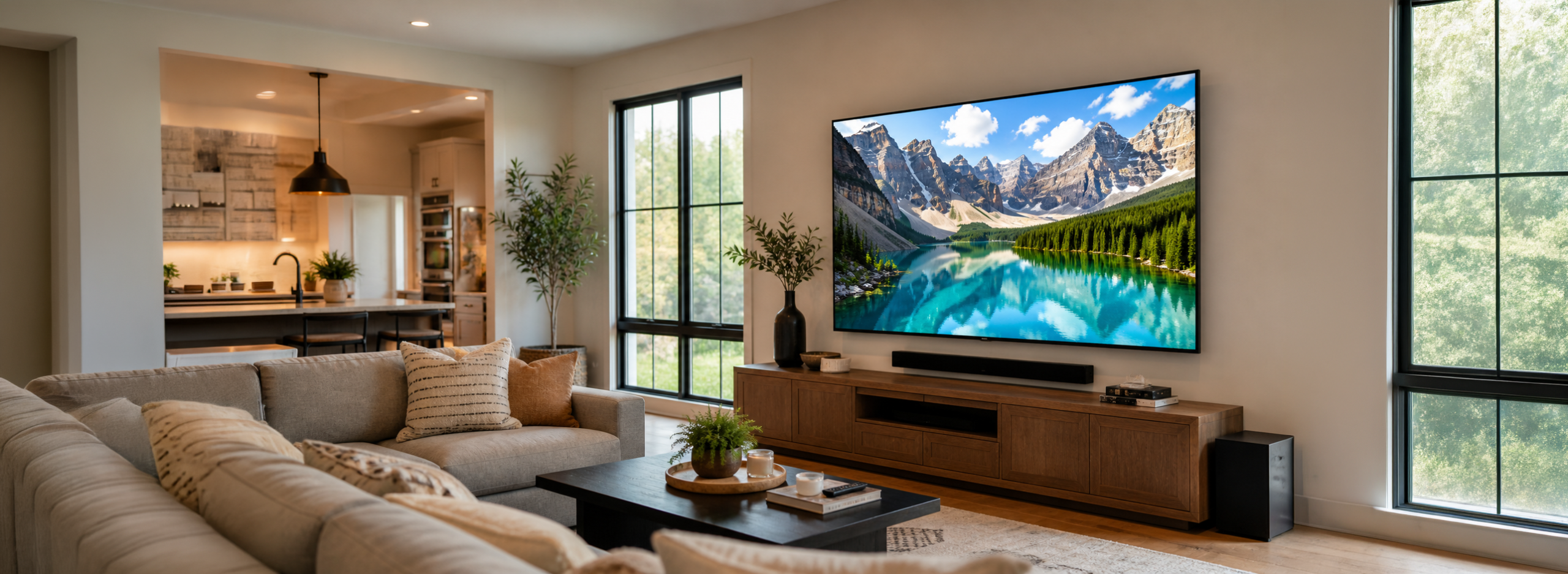 Bright, open living room with a large wall‑mounted TV displaying a mountain lake scene, surrounded by natural light, a sectional sofa, and an adjacent kitchen area.