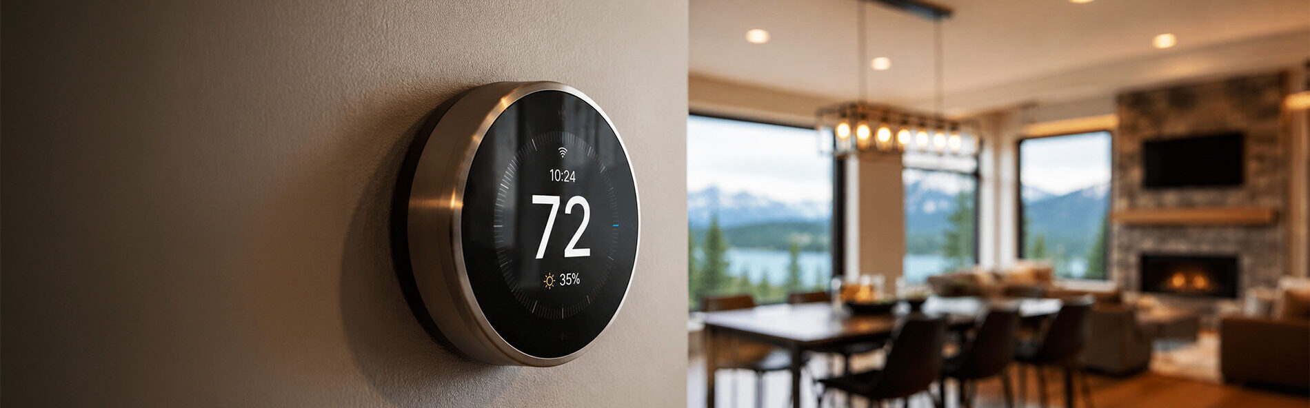 Round digital thermostat on wall showing 72°, with modern living and dining area and mountain scenery in background.