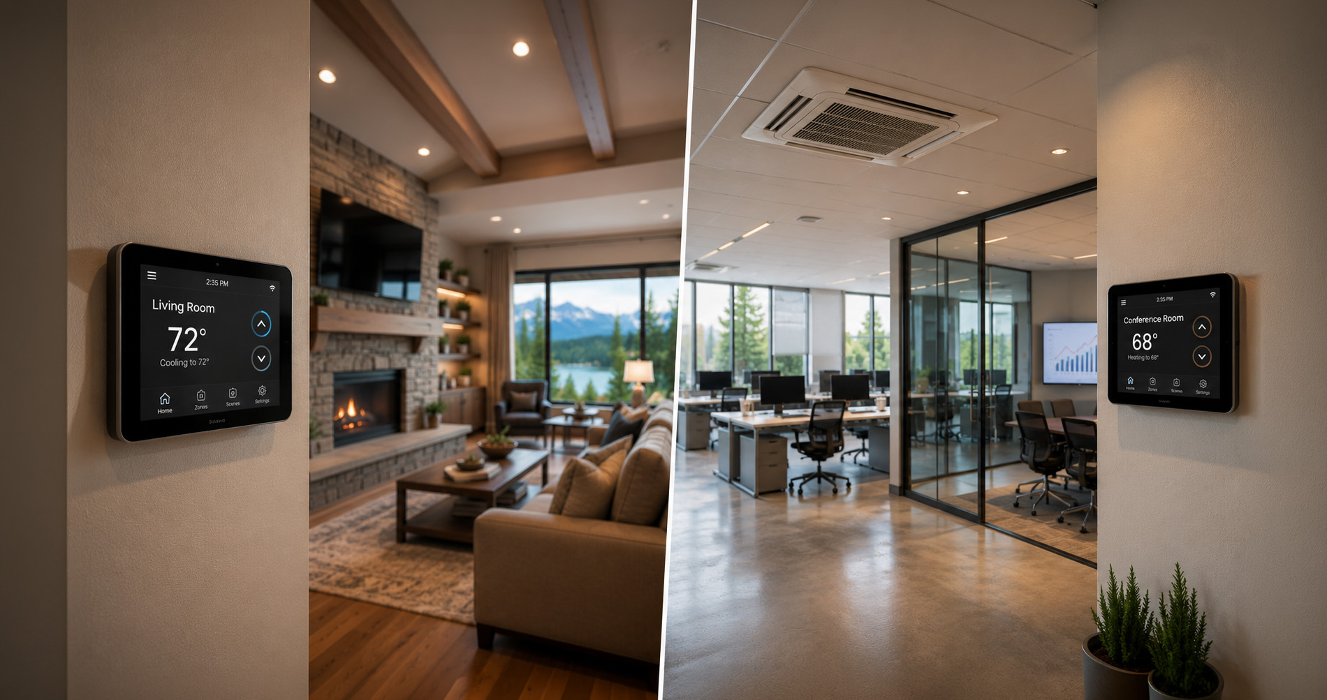 Side-by-side view of digital thermostats in a cozy living room and modern office, showing temperature control screens.